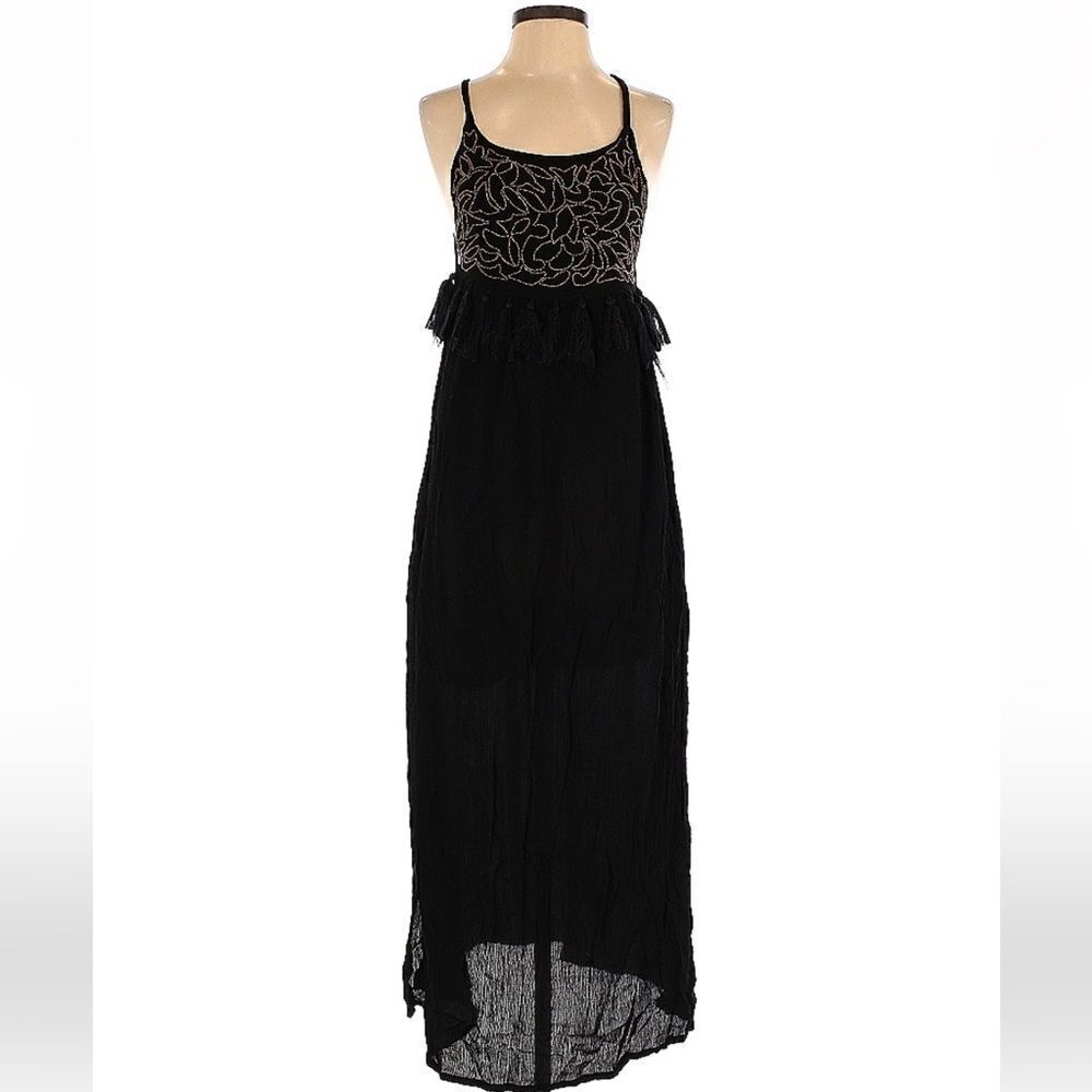Raga Dominca Black Tassel Maxi Gauze Boho Dress With Gold Beaded Bodice Sz S